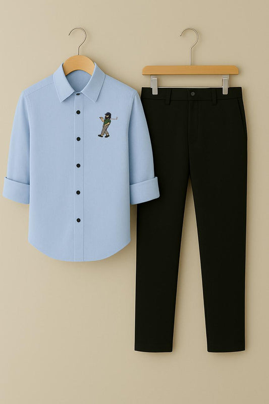 Men's Sky Blue Embroidered Golfer Shirt & Black Trouser Set