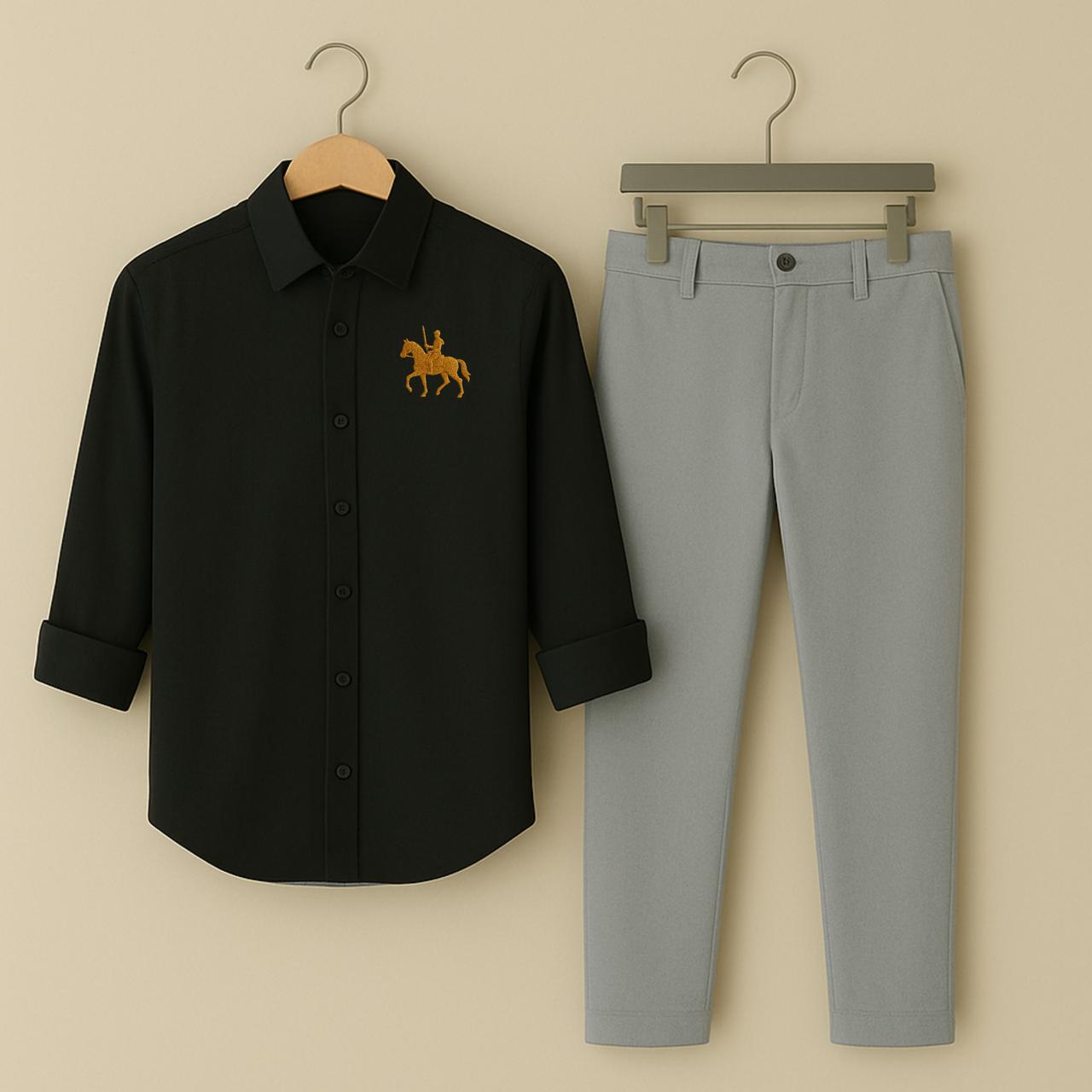 Men's Classic Black Equestrian Embroidered Shirt & Grey Trouser Set