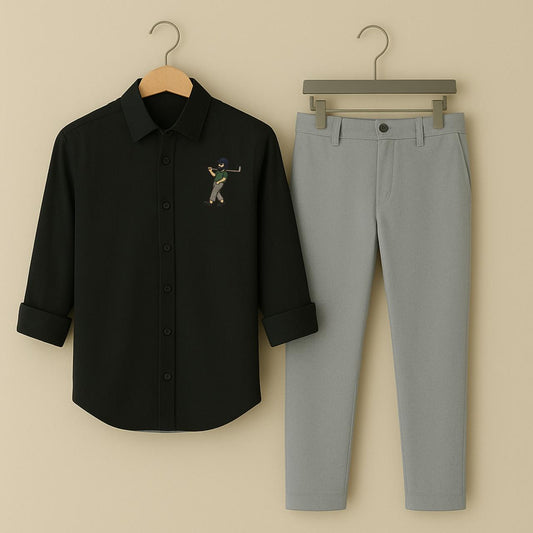 Men's Classic Black Embroidered Golfer Shirt & Grey Trouser Set