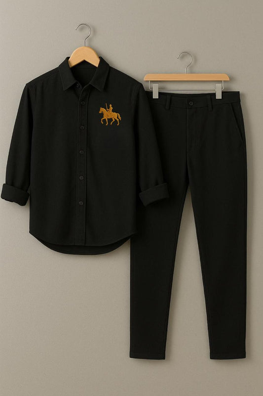 Men's All-Black Equestrian Embroidered Shirt & Trouser Set