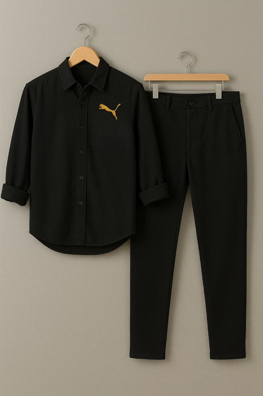 Men's All-Black Leaping Leopard Logo Embroidered Shirt & Trouser Set