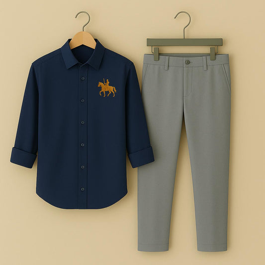 Men's Navy Blue Equestrian Embroidered Shirt & Grey Trouser Set