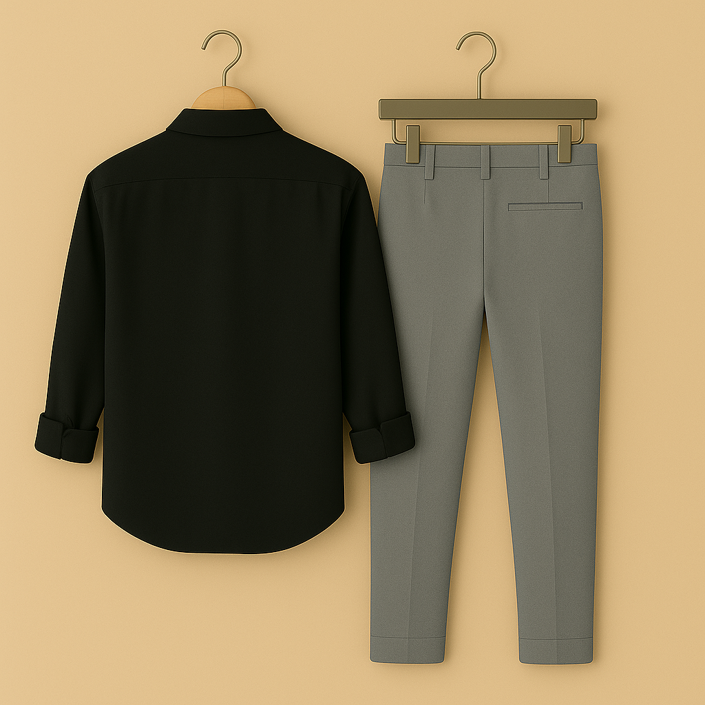 Men Black Rabbit Embroidery Shirt Grey Pant