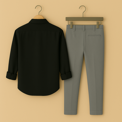 Men Black Rabbit Embroidery Shirt Grey Pant