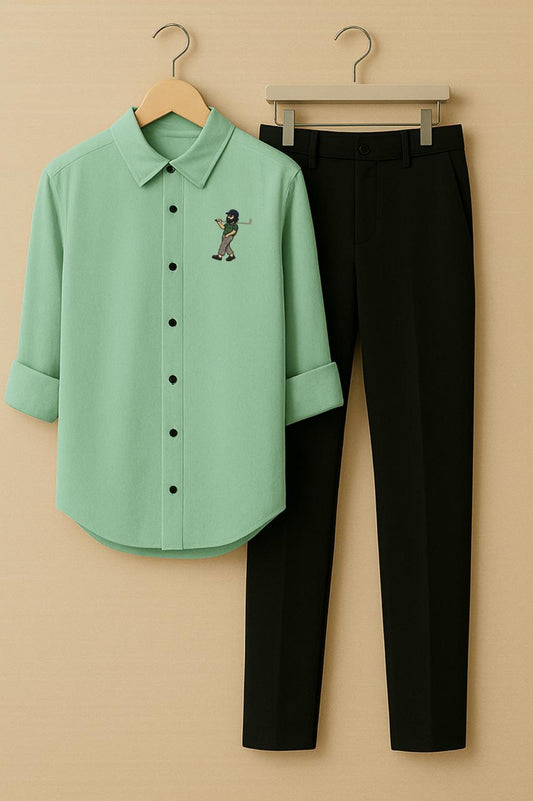 Men's Mint Green Embroidered Golfer Shirt & Black Trouser Set