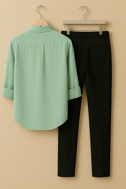 Men's Mint Green Embroidered Golfer Shirt & Black Trouser Set