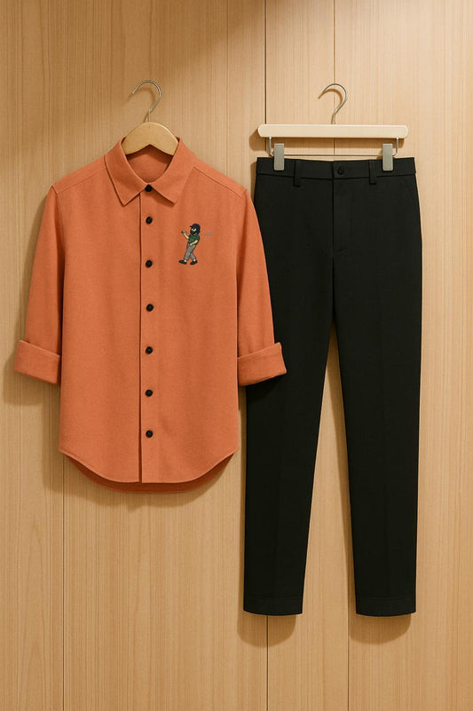 Men's Rust Orange Embroidered Golfer Shirt & Black Trouser Set
