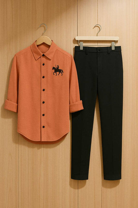 Men's Rust Orange Equestrian Embroidered Shirt & Black Trouser Set