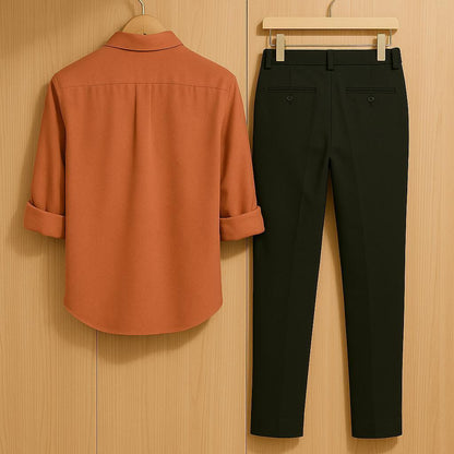 Men's Rust Orange Equestrian Embroidered Shirt & Black Trouser Set