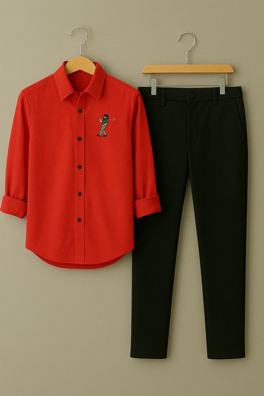 Men's Vibrant Red Embroidered Golfer Shirt & Black Trouser Set