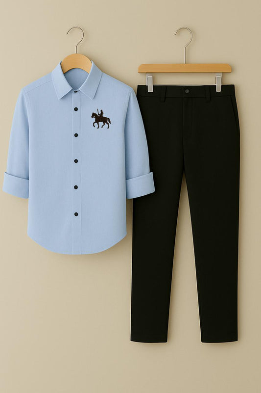 Men's Sky Blue Equestrian Embroidered Shirt & Black Trouser Set