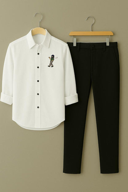Men's Classic White Embroidered Golfer Shirt & Black Trouser Set