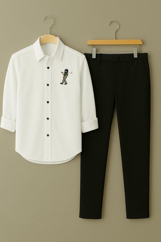 Men's Classic White Embroidered Golfer Shirt & Black Trouser Set