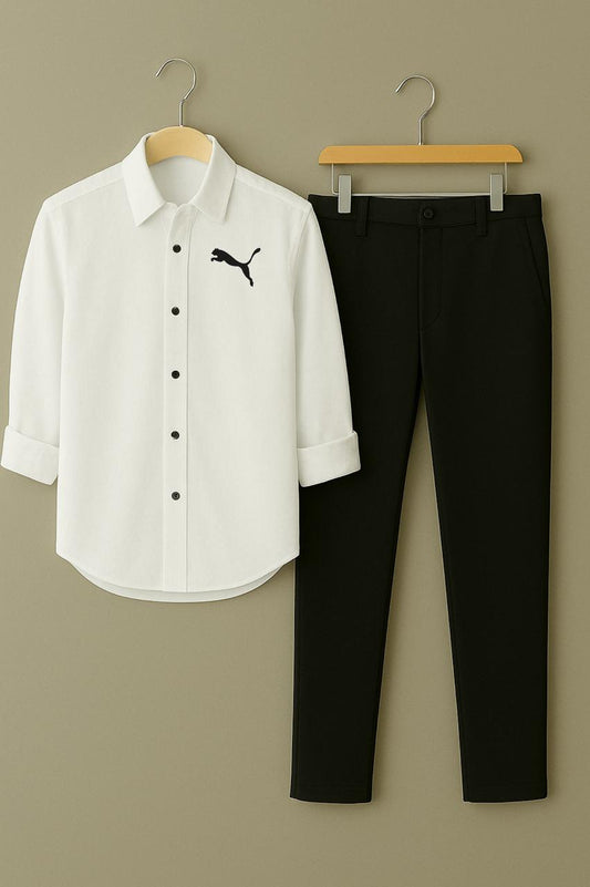 Men's Classic White Leaping Leopard Logo Embroidered Shirt & Black Trouser Set